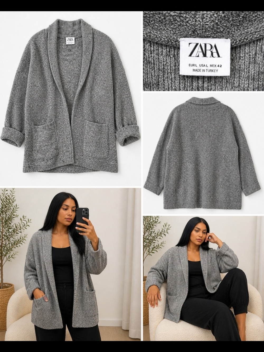 Zara Heather Gray Shawl-Collar Slouchy Cardigan Coat